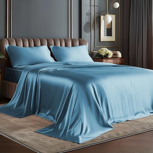 BEDELITE Satin Sheets Full Size Bed Set, Airy Blue, 4 Pieces by BEDELITE