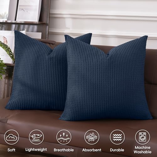 PHF Cotton Waffle Throw Pillow Covers 24" x 24", Dark Navy, No Insert - Image 3