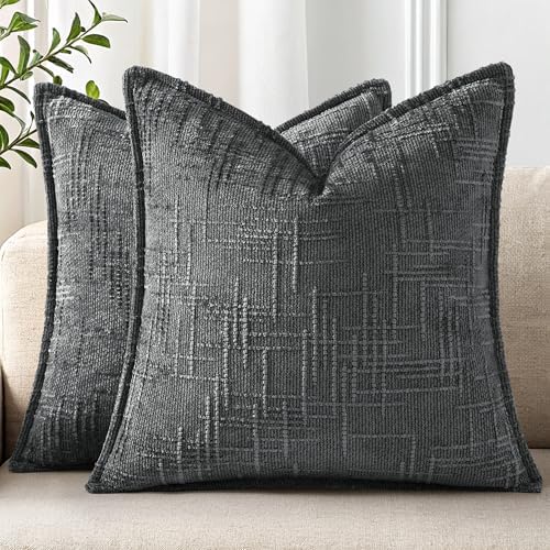 decorUhome Chenille Throw Pillow Covers 26x26 Set of 2, Dark Grey by decorUhome
