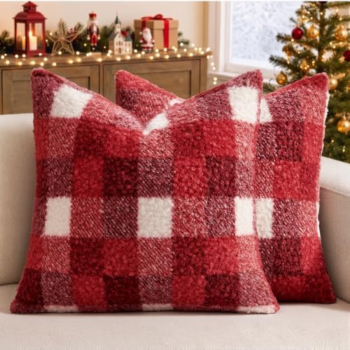 EMEMA Christmas Pillow Covers 18x18 Set of 2, Buffalo Plaid Boucle Throw Pillow by EMEMA