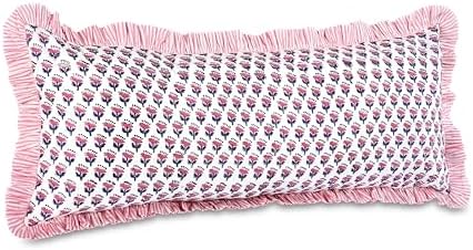 CPC Block Print Pink Sapphire Ruffle Cotton Lumbar Pillow Cover 14x36 inch - Image 5