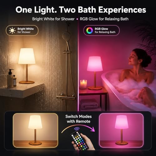 EZVALO Spa-Like RGB Shower Lamp – Waterproof Bathroom Lamp with Remote, Rechargeable Cordless Mood Light, 3 Color Temps & 80 RGB Colors for Relaxing Bathroom & Bathtub Experience (2 Packs) - Image 5