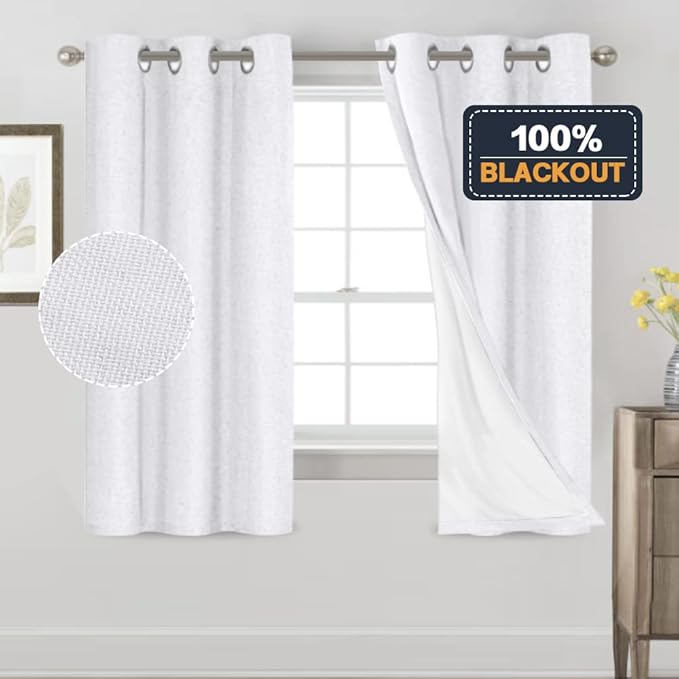 PrinceDeco Linen Texture Curtains 100% Blackout Curtains 64 inch Long 2 Panels Set for Bedroom Living Room Energy Saving Window Treatment Curtain Drapes, Burlap Fabric with White Liner，Pure White
