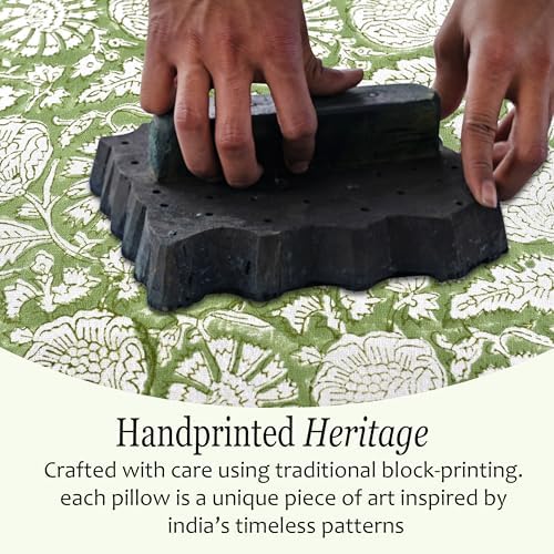 CPC Block Print Olive Bloom Ruffle Cotton Lumbar Pillow Cover 14x36 inch - Image 4