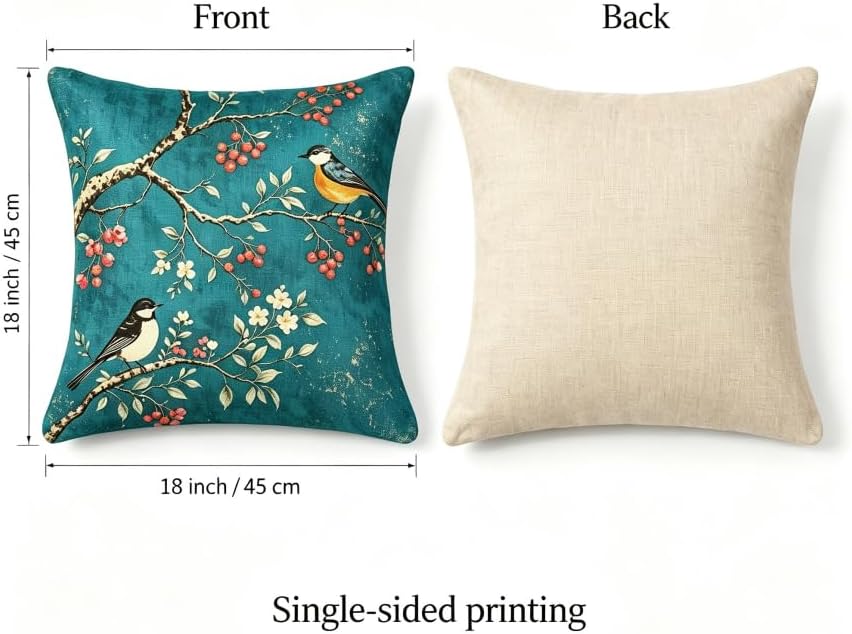 18x18 Inch Linen Vintage Teal Bird Throw Pillow Covers Set of 2 - Image 2