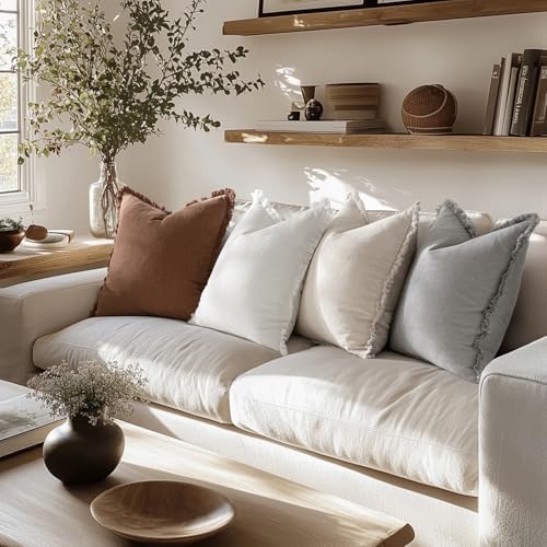 MIULEE Fall Linen Fringe Pillow Covers Set of 4 18x18 Beige/Brown/Grey - Image 3