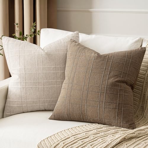 MIULEE Linen Plaid Pillow Covers Fall Decorative Euro 28x28 Light Brown - Image 4