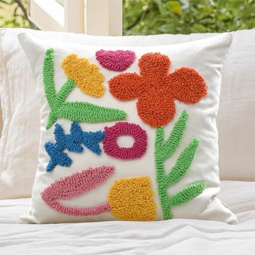 Throw Pillow Covers 18x18 Boho Tufted Bright Floral by LOOPUINHOM