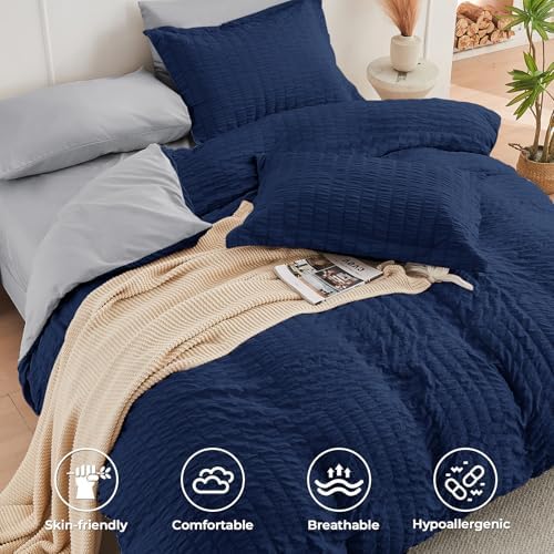 HYMOKEGE Navy Blue/Light Grey Queen Comforter Set Seersucker 7 Pieces, All - Image 3