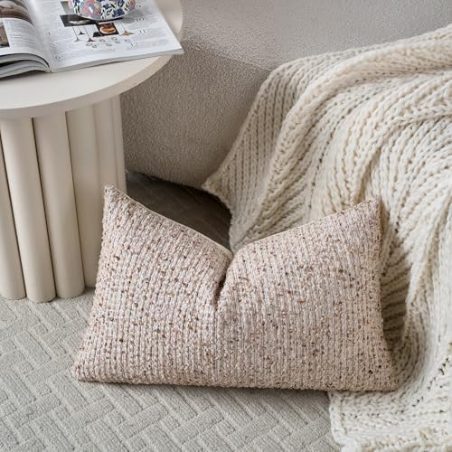 DEZENE 12x20 Beige Lumbar Pillow Cover Textured Boucle Striped Chic Morden Boho - Image 4