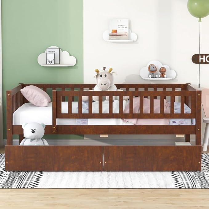Bellemave Twin Bed Frames with Rails for Kids, Twin daybed Frame with Drawers for Boys/Girls/Adults， Walnut