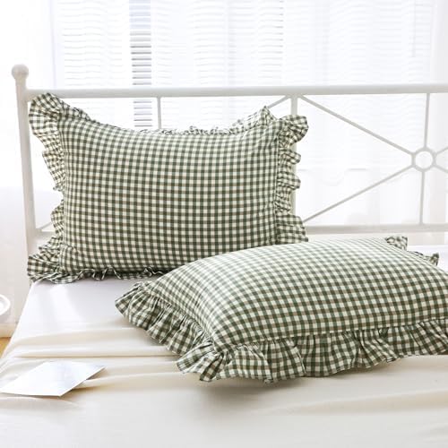 Mywinlle Sage Green Plaid Gingham Ruffle Pillow Shams Standard Size 20"x26" - Image 2
