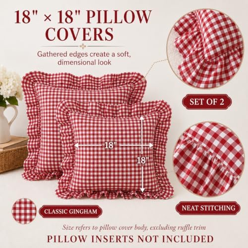 Gingham Throw Pillow Covers 18x18, Ruffle Trim - Image 6