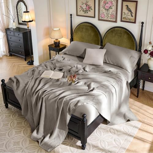 SONORO KATE 100% French Linen Queen Size Sheets Set, Natural Flax Bedding by SONOROKATE