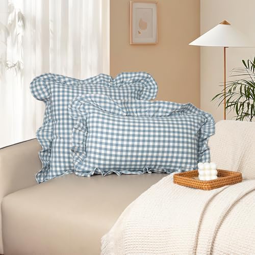 JoraLion Ruffled Lumbar Pillow Cover 14x36 Gingham Smoke Blue - Image 2
