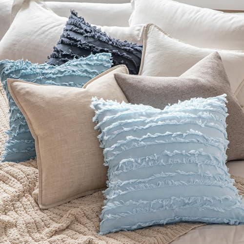 MIULEE Boho Linen Striped Throw Pillow Covers 16x16, Light Blue - Image 5