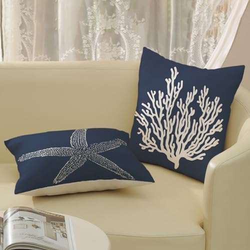 Blue Starfish Pillow Covers 18x18 Inch Set of 2, Nautical Ocean Coastal Blue - Image 4
