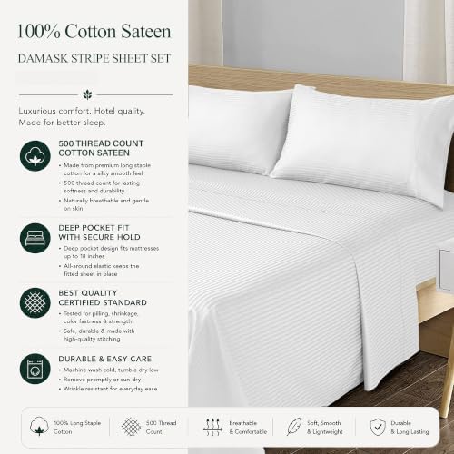Feather & Stitch 100% Cotton Sateen 500 TC Cal King Size Bed Sheet Set - Image 6