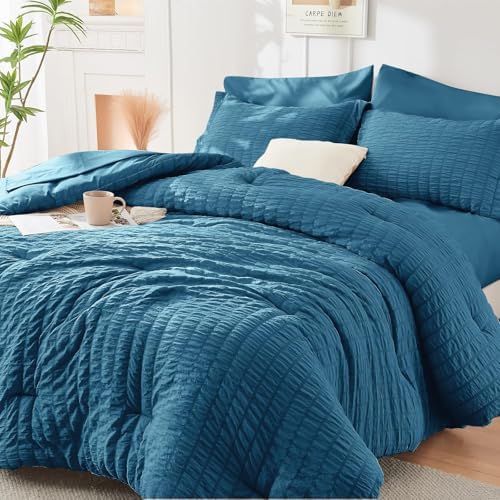 HYMOKEGE Teal King Size Comforter Set Seersucker 7 Pieces, All Season Luxury by HYMOKEGE