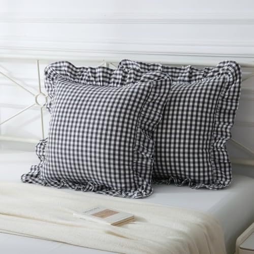 Mywinlle Black/White Plaid Ruffle Throw Pillow Covers Set of 2, Checkered - Image 2