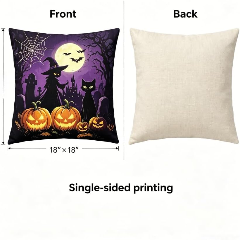 Halloween Throw Pillow Covers, Witch Pumpkin Bat Spider Web, 18x18 Inch - Image 5