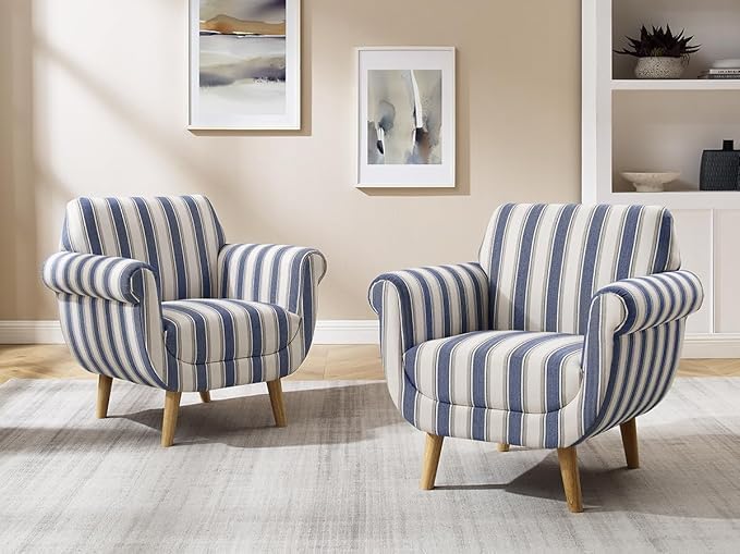 VANOMi Mid-Century Accent Chair with Stripe Pattern, Modern Linen Fabric Armchair with Wood Legs, Club Chair for Living Room, Comfy Upholstered Side Chairs for Bedroom, Reading, Small Place (Navy)