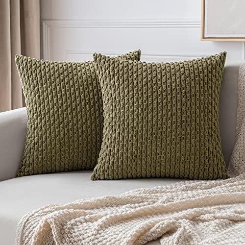 MIULEE Decorative Throw Pillow Covers 16x16 Olive Green Textured Corduroy by MIULEE