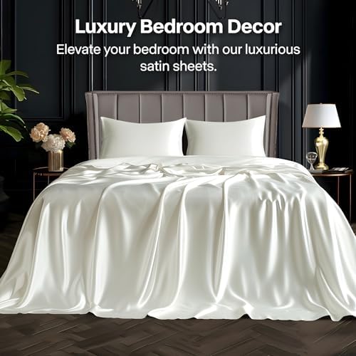 BEDELITE Satin Sheets Twin XL Size Bed Set, Ivory White, 3 Pieces - Image 2
