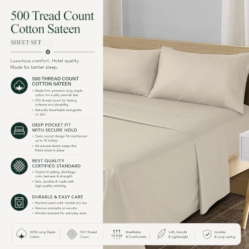 Feather & Stitch 100% Cotton Sateen 500 TC King Size Bed Sheet Set - Image 6