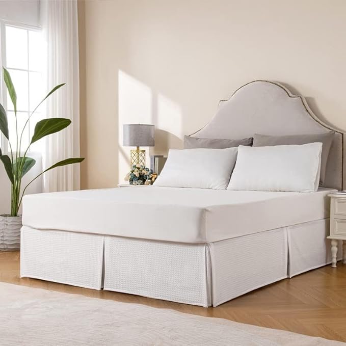 MIYE Pleated Waffle Weave Bed Skirt, Tailored Dust Ruffle 16 Inch Drop Easy Fit, Machine Washable (White,Cal King - 16" Drop)