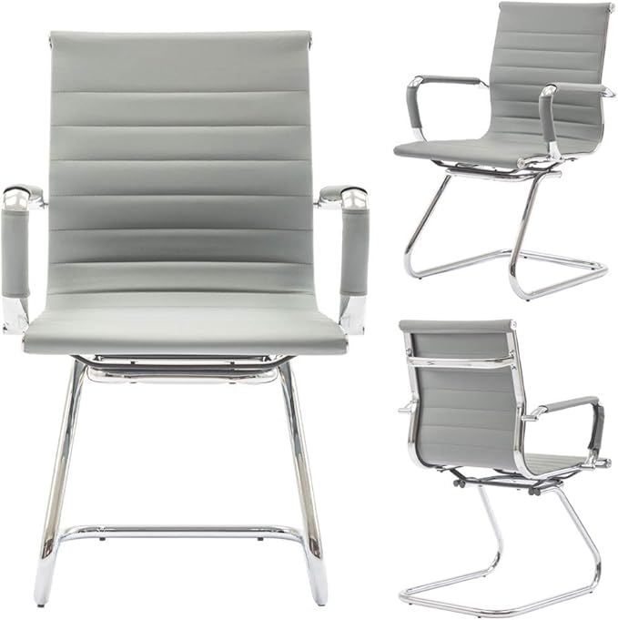 Wahson Office Guest Chairs Set of 4, Leather Reception Chairs, Mid Back Waiting Room Chair, Conference Chairs with Sled Base, Desk Chair No Wheels for Meeting/Lobby/Restroom, Grey