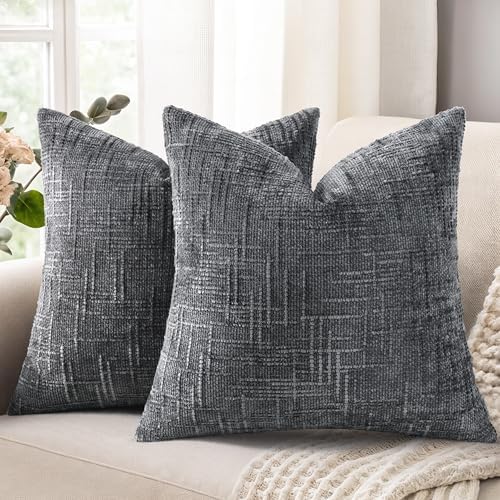 decorUhome Textured Chenille Throw Pillow Covers 20x20 Set of 2 Dark Grey by decorUhome