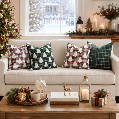 EMEMA Christmas Pillow Covers 20x20 Set of 2, Khaki Tartan Plaid Throw Pillow - Image 5