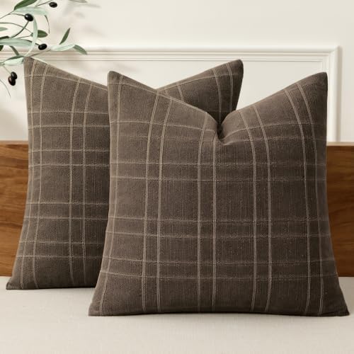 MIULEE Linen Plaid Pillow Covers Fall Decorative 18x18 Dark Coffee by MIULEE
