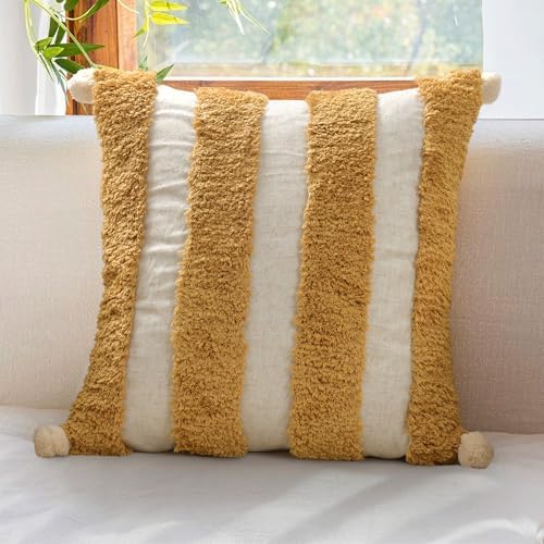 Boho Throw Pillow Covers 18x18 Tufted Decorations Mustard Yellow by LOOPUINHOM