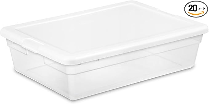 Sterilite 20-Pack Storage Box, Stackable Clear Plastic Bins with Snap-On Lids, 28 Quart