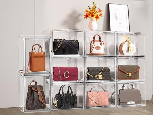 10 Pack Acrylic Shoe Box Size 14, X-Large Clear Acrylic Purse Organizer 14.1'' x 8.9'' x 10.6'' Transparent Handbag Storage Box for Closet, Stackable Plastic Container for Purses, Wallets & Bags