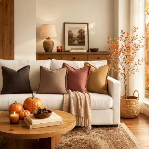 MIULEE Fall Linen Fringe Pillow Covers Set of 4 18x18 Orange/Yellow - Image 3