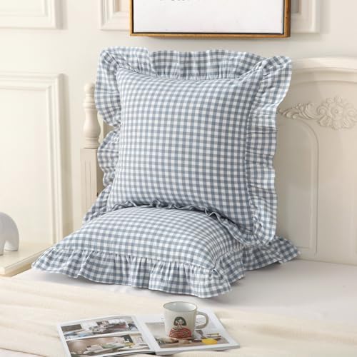 Mywinlle Blue Plaid Ruffle Gingham Throw Pillow Covers 18"x18" Set of 2 - Image 2