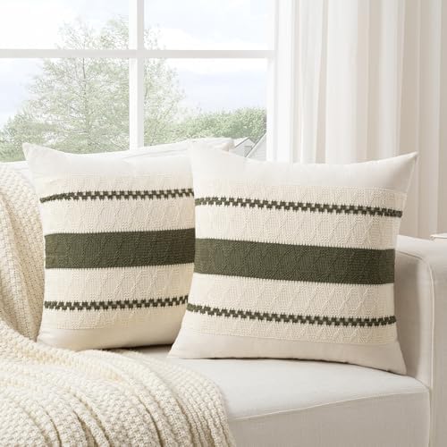Fancy Homi Set of 2 Boho Olive Green Decorative Throw Pillow Cover 16x16 Inch by Fancy+Homi