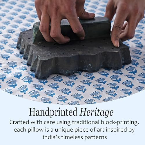 CPC Block Print Apatite Blue Ruffle Cotton Lumbar Pillow Cover 20x54 inch - Image 4