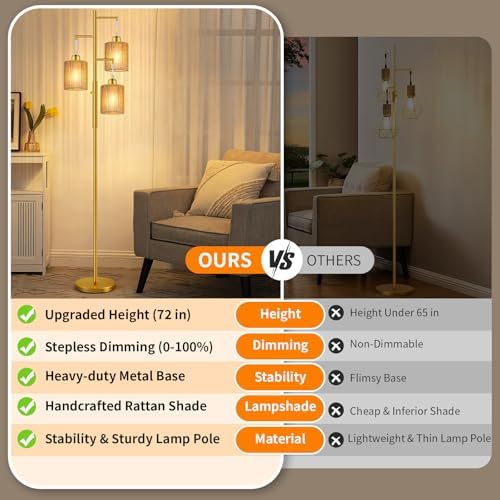 Hotsonic 72" Boho Rattan Tree Floor Lamp, Tall Dimmable Industrial Standing Lamp, Corner Decor Accent Lighting for Living Room, Bedroom, Dining Room, Nursery, Cafe (3 x 800LM Bulbs Included) - Gold - Image 2