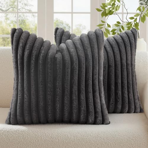 decorUhome Fall Faux Fur Throw Pillow Covers 22x22 Set of 2 Dark Grey by decorUhome
