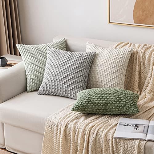 MIULEE Decorative Throw Pillow Covers 16x16 Light Green Textured Corduroy - Image 5