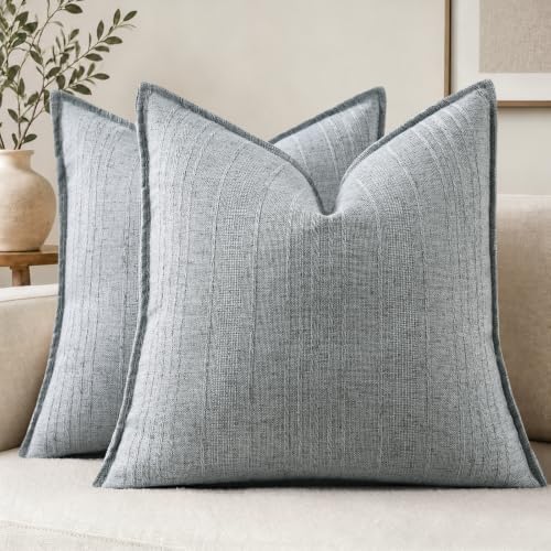 decorUhome Sky Blue Textured Linen Throw Pillow Covers 16x16 Set of 2 by decorUhome