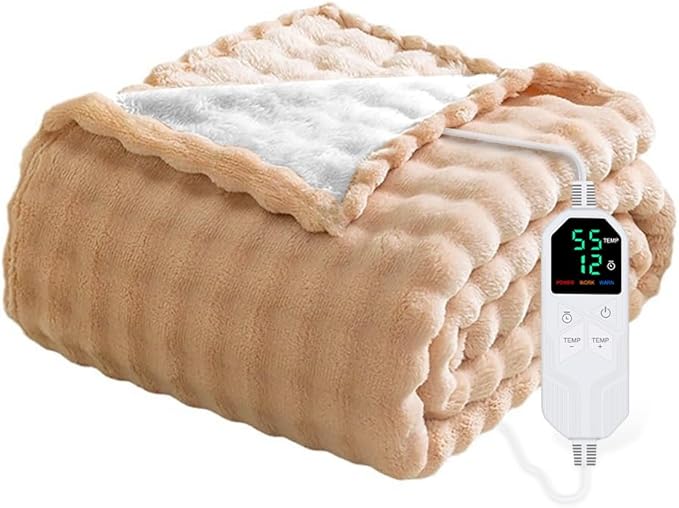 Heated Blanket Throw Blanket,50"x60" Soft Bubble Fleece Fast Heating Electric Blanket,Heating Blanket with 8 Heat Levels 6 Hours Auto-Off Overheat Protection, Grandma Gift,Washable，Apricot Yellow