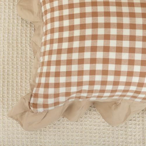 JoraLion Ruffled Throw Pillow Cover 20x20 Gingham Khaki Solid Edge - Image 6