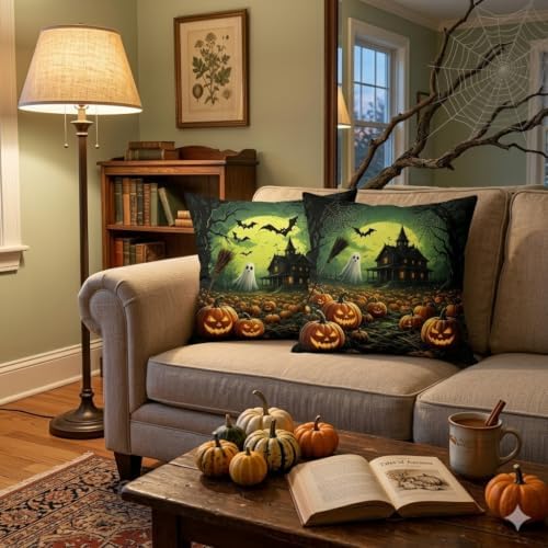 Halloween Throw Pillow Covers, Spooky Ghost Pumpkin Design, 18x18 Inch - Image 4