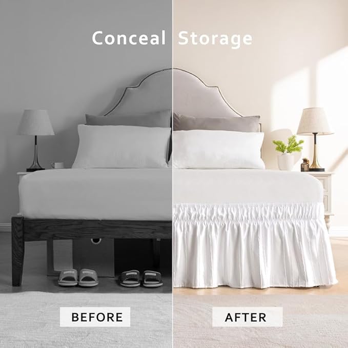 MIYE Striped Tufted Bed Skirt - Wrap Around Dust Ruffle with Elastic Belts - 15 Inch Drop Easy to Put On - Bedskirt Machine Washable ＆ Wrinkle Resistant(Striped/White, King/Queen-15 Drop)