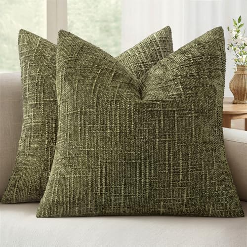 MIULEE Chenille Textured Throw Pillow Covers Olive Green 18x18 Set of 2 by MIULEE